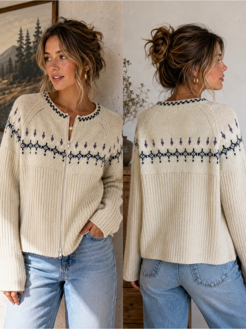 Vintage STO Petite Fair Isle Zip Up Sweater PM Ivory Wool Blend Nordic